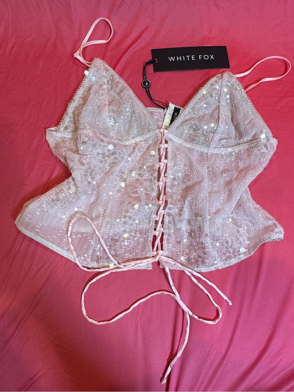 White Fox Blush Sequin Sheer Lace-Up Corset Top M